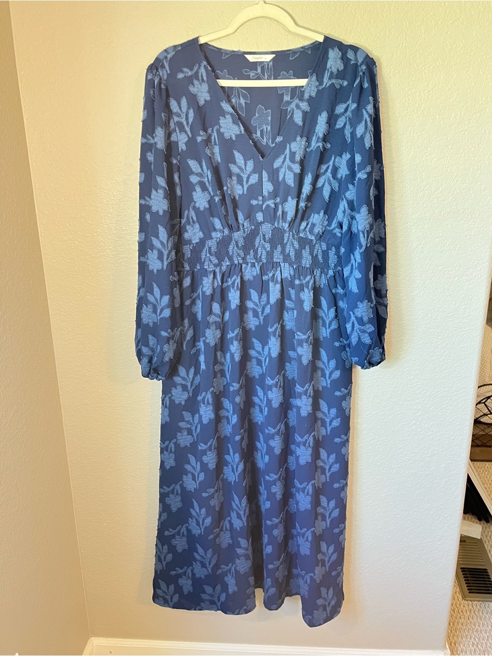 Blue Floral Burnout Maxi Dress Smocked Waist Boho Flowy XL Prairie Cottagecore